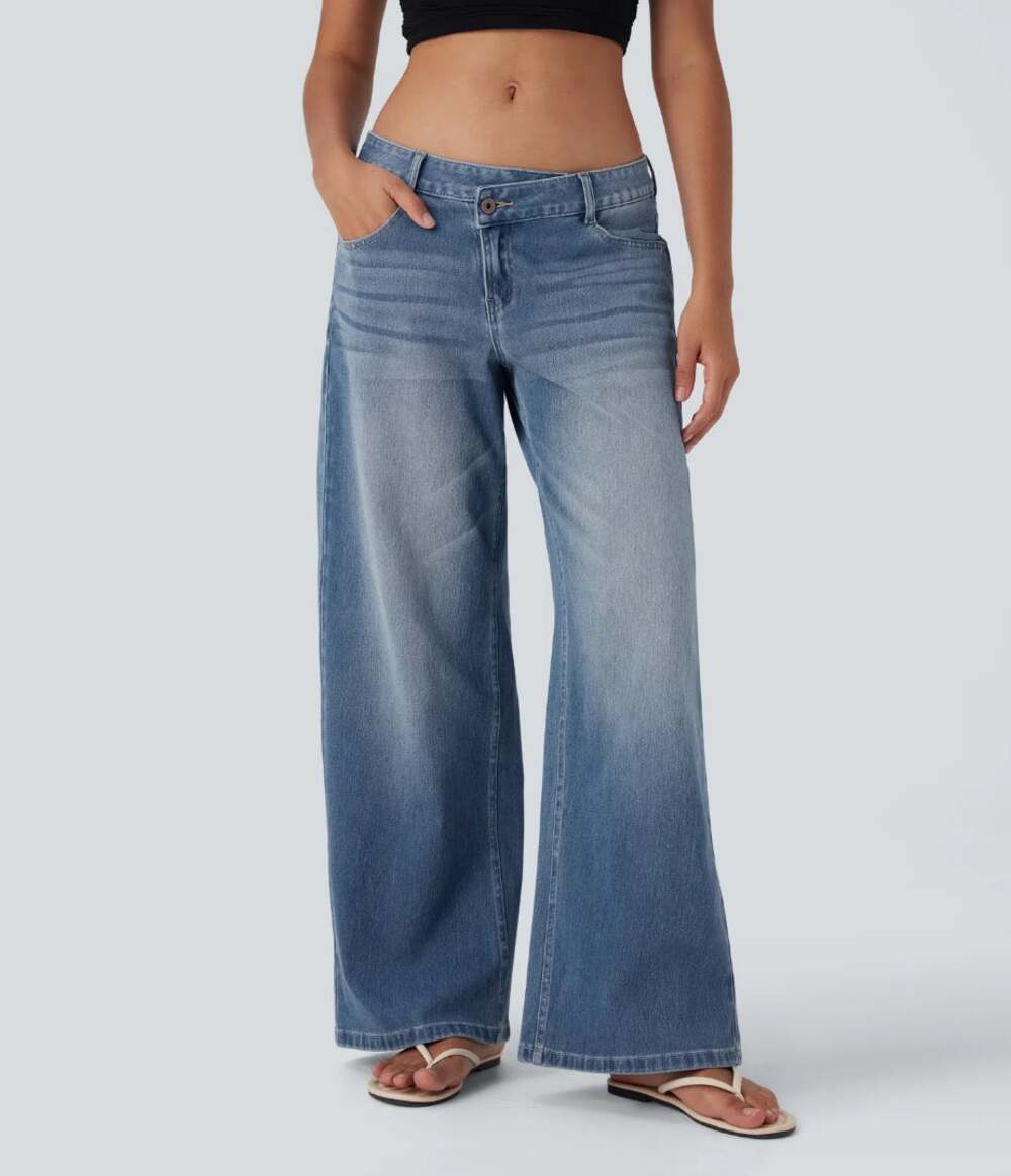 Halara Flex™ Size Large Asymmetric Low Rise Zipper Pockets Baggy Wide Leg Jeans